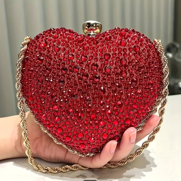 Cute Heart Shape Clutch Purse Mini Love Heart Rhinestone Wedding Handbag Party - Picture 1 of 9